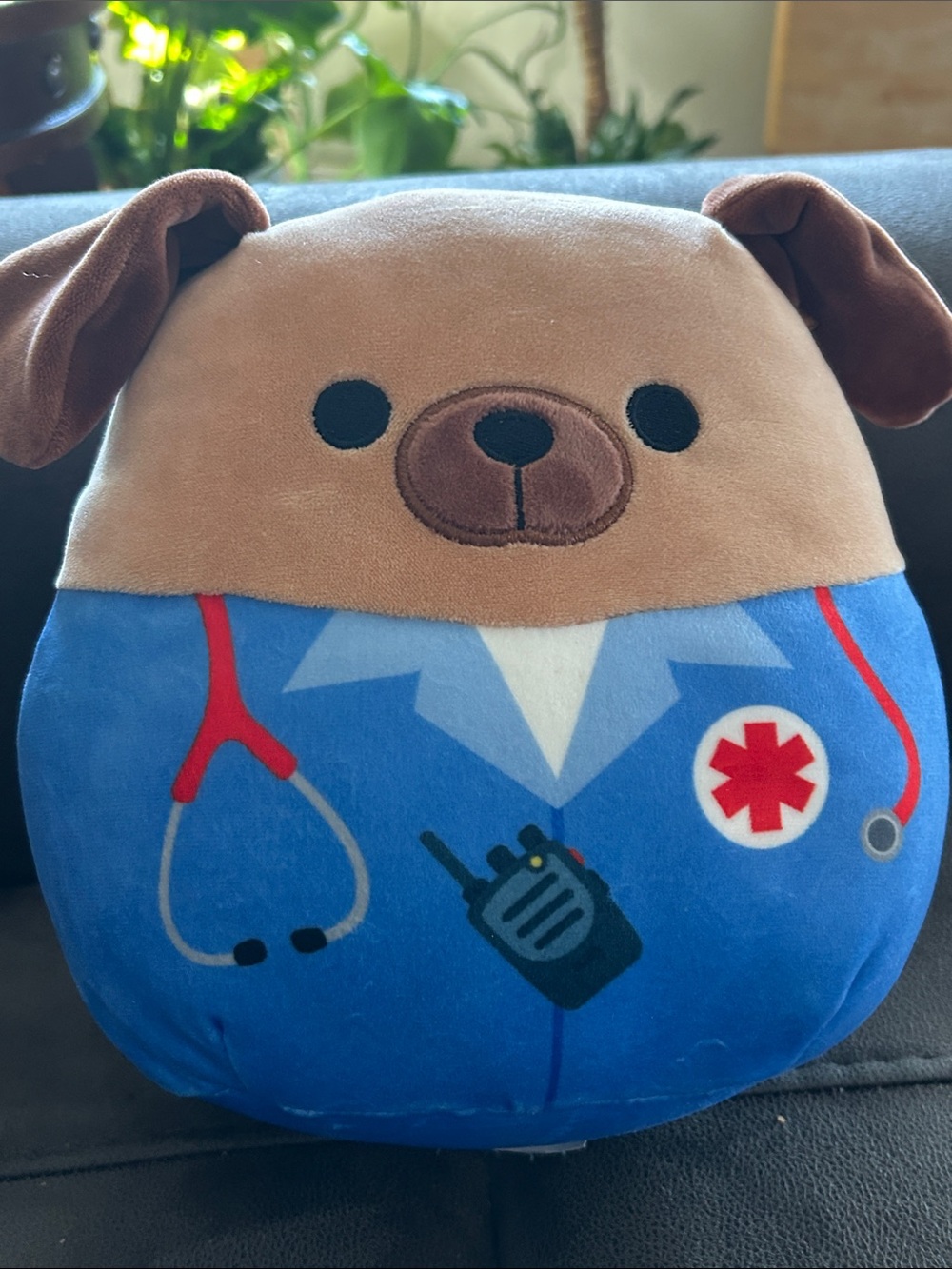 Squishmallows Dog Plush in Blue & Tan Vet Outfit